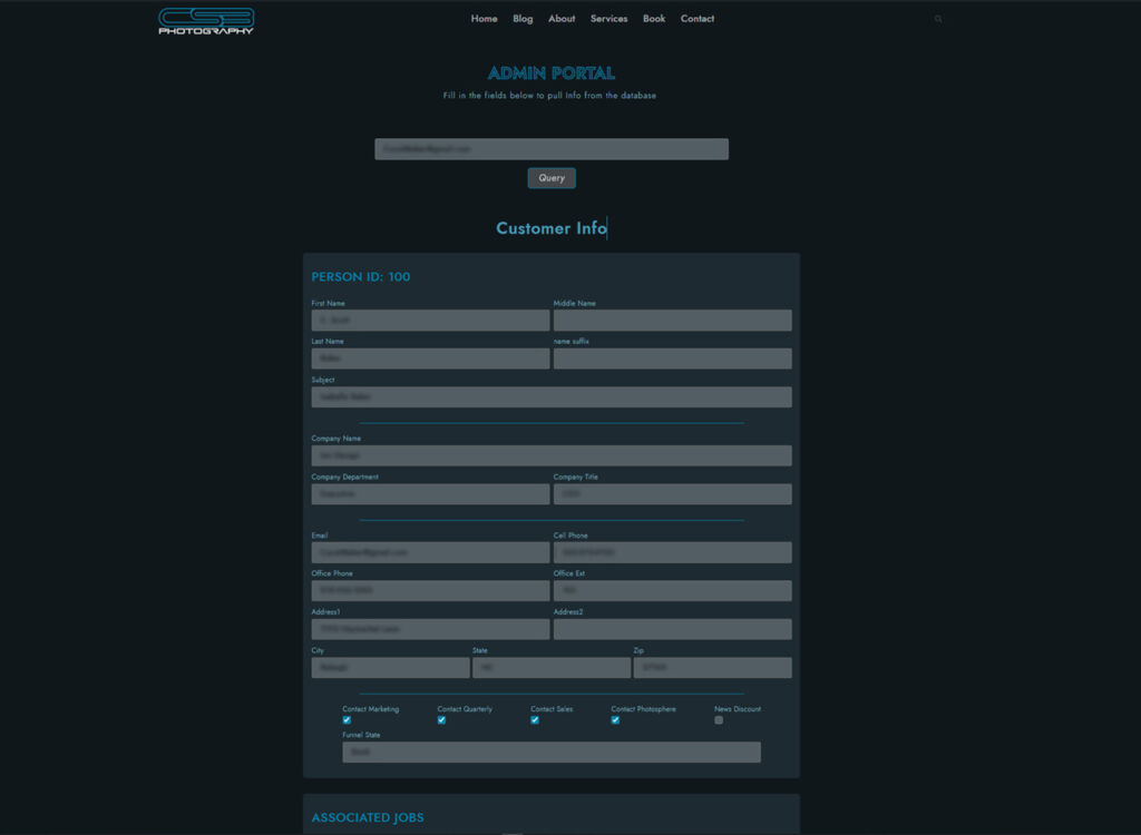 image of a photographers website featuring a custom database UI integration allowing for automation of job tracking.